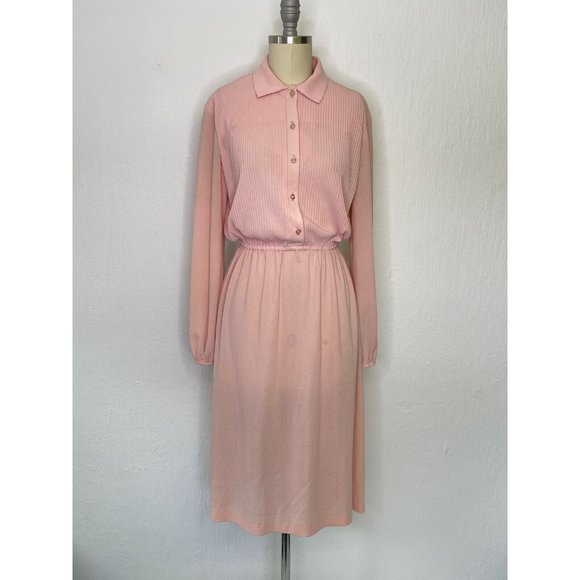 Vintage 70s Nylon Shirt Dress Size Small Collared Pastel Pink Academia Secretary - Picture 5 of 8